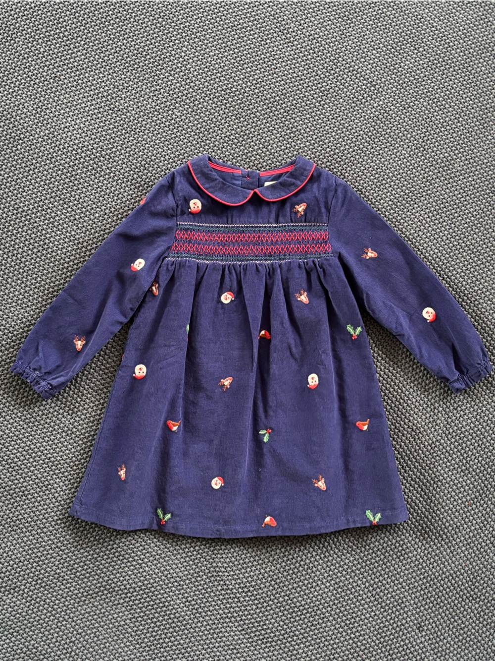 Mini Boden Navy Blue Long-Sleeve Embroidered Cord Dress
